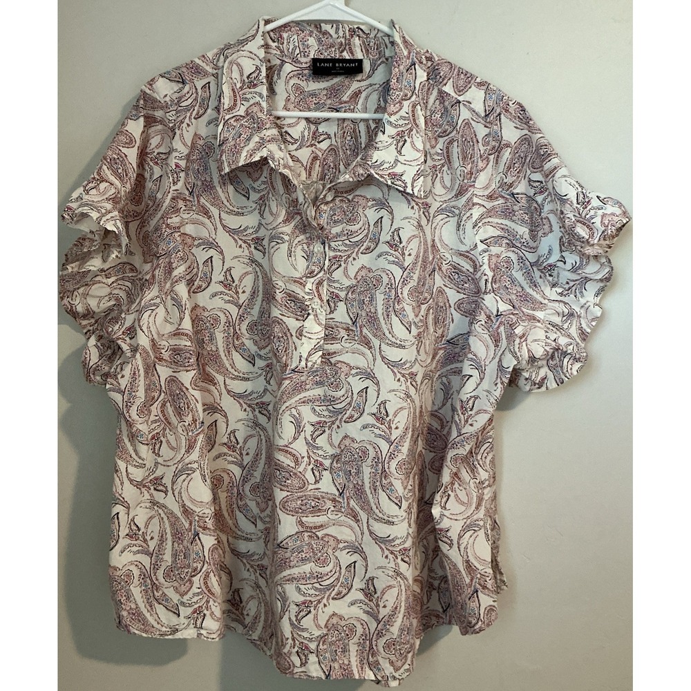 Lane Bryant No-Peek Blouse Womens Ivory Multi Paisley Rufffle Sleeve Relaxed 22